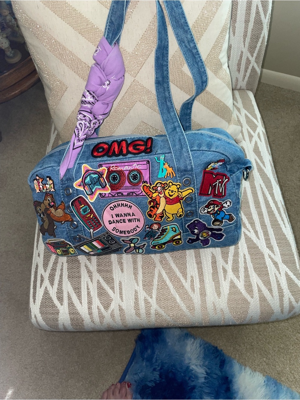 Denim Patchwork Shoulder Bag with Purple Bandana